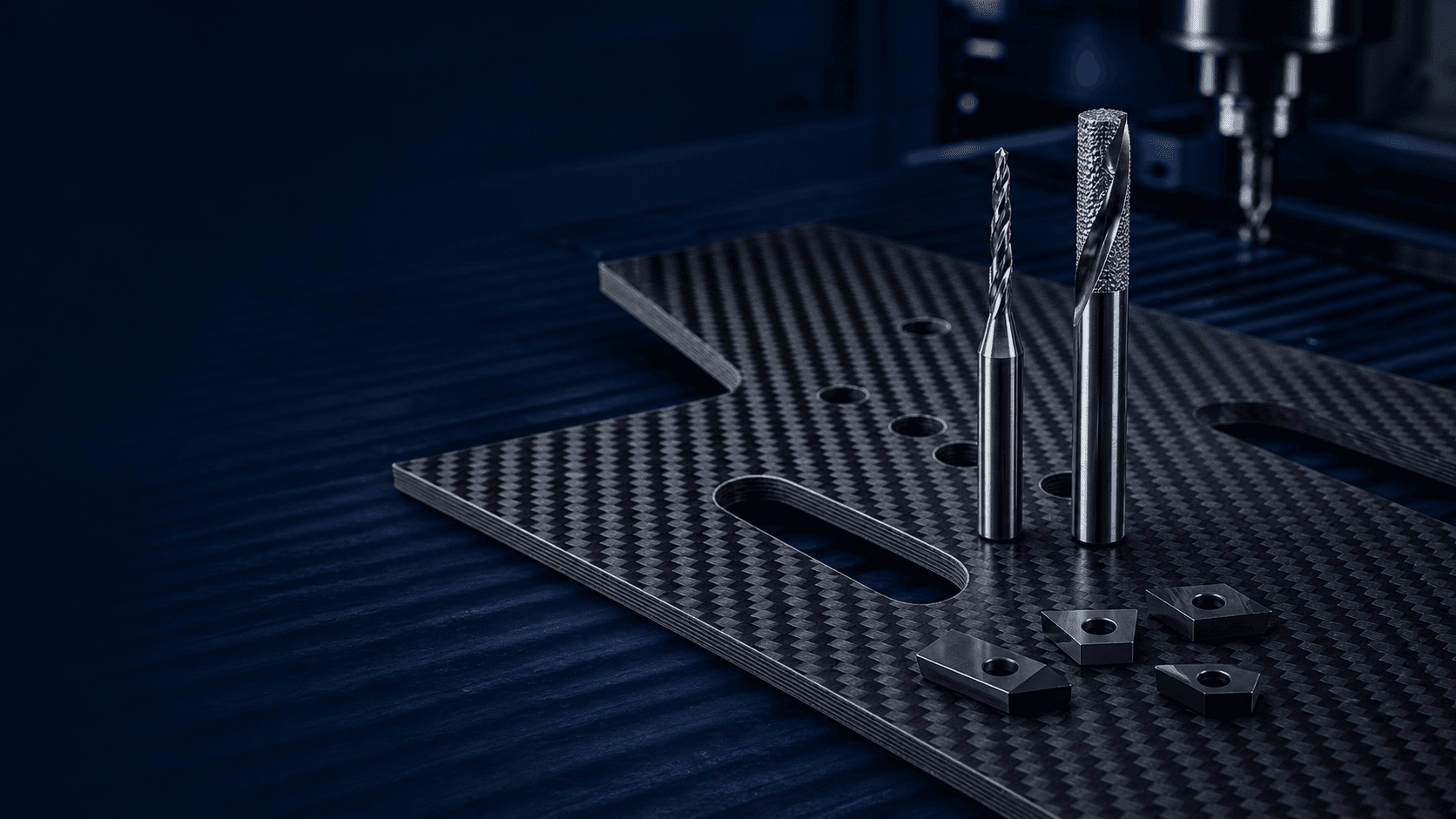 Composite material machining scene with CFRP panel, clean edges and PCD cutting tools