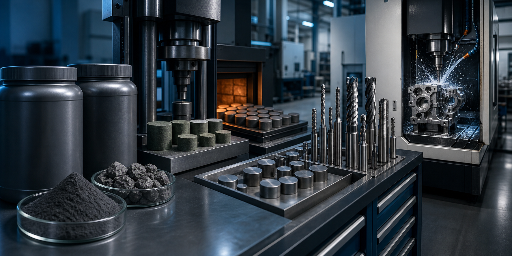 Tungsten and carbide materials moving through cutting-tool production into a CNC machining application